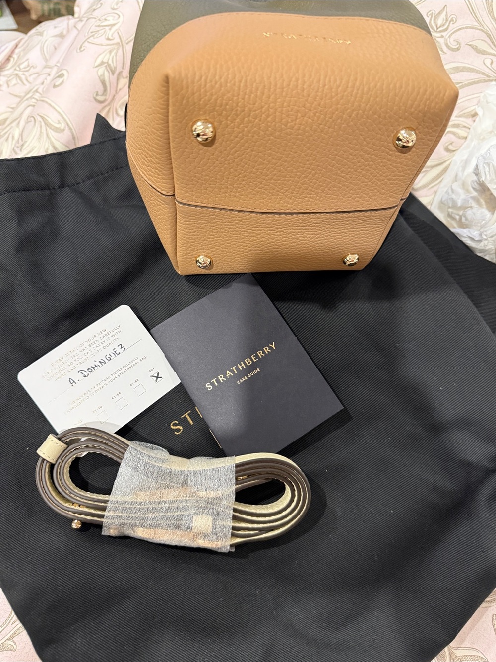 Strathberry Luxurious Bucket Bag Two Way Olive Tan and Cream - Picture 10 of 11